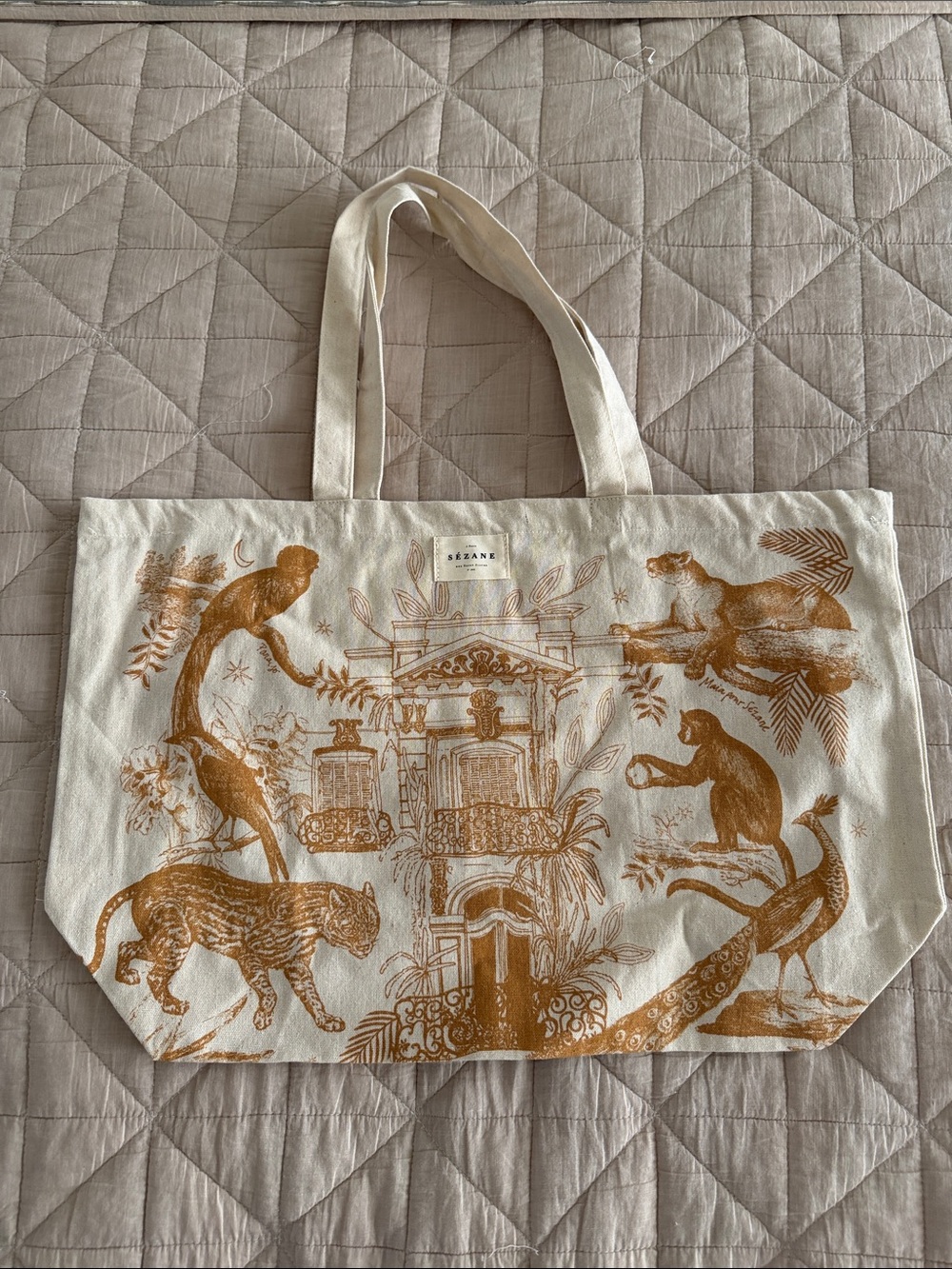 Sezane Cream Canvas Tote with Rust Illustration NWOT